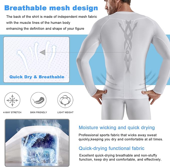 Men's Compression Shirt Long Sleeve Athletic Sports Shirt Quick-Drying Breathable Running Shirt for Fitness