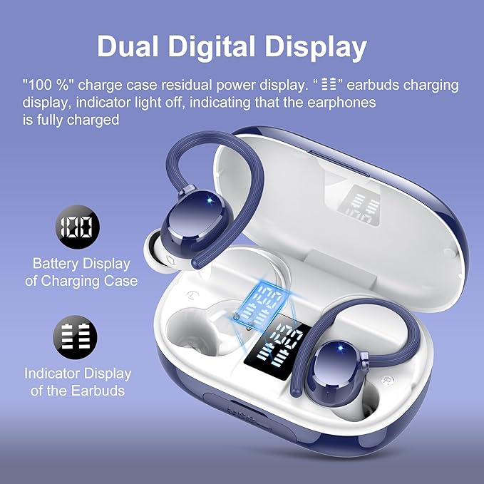 Ear Buds Wireless Earbuds Bluetooth Headphones with 128H Playtime LED Digital Display Charging Case, Over-Ear Hook with Mic, Stereo Sound, IPX7 Waterproof Earphones for Workout/Running