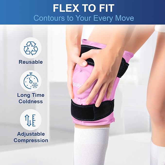 APEXUP Ice Pack for Knee Pain Relief, Large Reusable Wrap After Surgery, Flexible Gel Cold Pack for Injuries, Pain Relief for Back, Shoulder, Elbow, Ankle and Leg (Pink, L, 1PK)