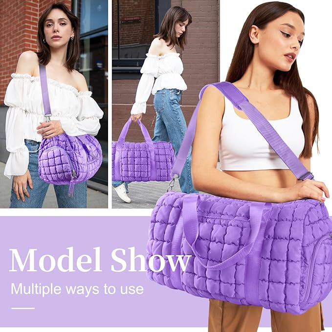Quilted Travel Duffle Bag Gym Bag for Women,Large Puffer Duffle Weekender Bag with Compartment,Workout Overnight Carry on Organizer Bag Duffle Bag for Airplane Travel(L-Purple)