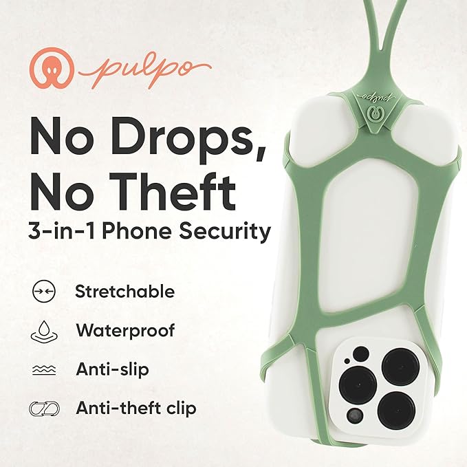 Pulpo Safety Cell Phone Lanyard Green Fits Smartphones 6.1 to 6.8” - Anti Theft Phone Strap for Men & Women, Lanyards for Phones, Hiking Phone Holder & Cellphone Lanyard, Silicone Crossbody Straps