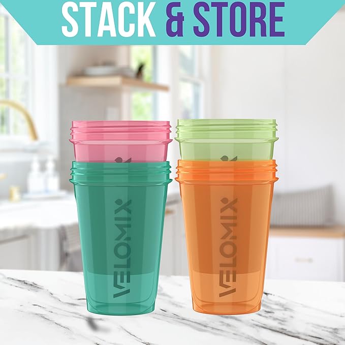 VELOMIX -4 PACK- 20 OZ Protein Shaker Bottles for Protein Mixes, Shaker Cups for Protein Shakes, Small Shaker Bottle Pack, Shaker Cup, Shakers for protein Shakes (Blush Wave)