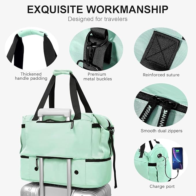 Gym Bag for Female, Weekender Bags for Women with Shoes Compartment, Personal Item Travel Duffel Bag with Wet Pocket & USB Charging Port, Carry On Bag for Women, Travel, Gym, Weekend (Light green)