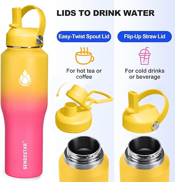SENDESTAR 32oz Water Bottle Wide Mouth Stainless Steel Vacuum Insulated Double Wall with Straw Lids Fit in Any Car Cup Holder