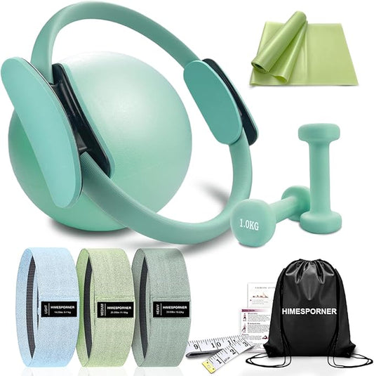 Pilates Equipment Kit for Home Workout, Pilates Ring and Ball Set with 2.2lb *2 Dumbbells, Fabric Resistance Bands, Tape Measure, Bag, Pilates Essentials Accessories for Women Yoga