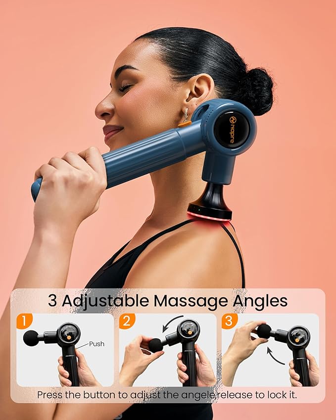 NAPRE Massage Gun with Heat,Massage Gun Deep Tissue with Extension Handle & 3 Adjustable Angles,Handheld Percussion Back Massager for Muscle/Neck/Body Pain Relief with Portable Case,Blue