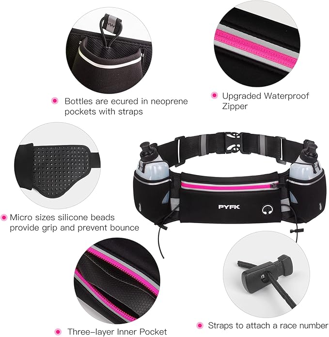 PYFK Running Belt with Water Bottles, Hydration Belt for Men and Women, Water Bottle Holder Running Pouch Water Belt, Fanny Pack Fits 7 inches Phones, Waist pack for Runner Jogging
