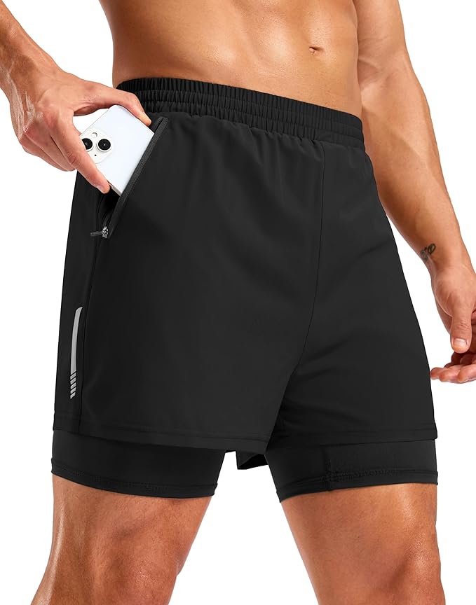 Pudolla Men's 7" Running Shorts with Zipper Pockets Quick Dry 2 in 1 Workout Gym Shorts with Liner for Tennis Yoga Training