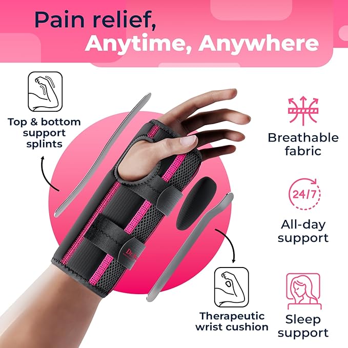 DR. BRACE Adjustable Wrist Brace Night Support for Carpal Tunnel, Doctor Developed, Upgraded with Double Splint & Therapeutic Cushion,Hand Brace for Pain Relief,Injuries,Sprains (L/XL Right Hand, Black-Pink)