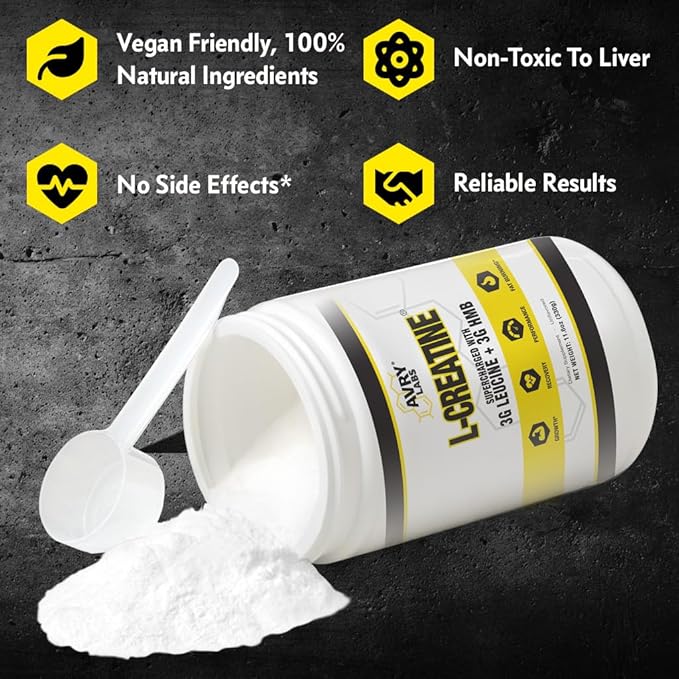 L-CREATINE Supplement: Creatine Monohydrate w/Leucine Amino Acid and HMB – Supports Muscle Mass, Strength, Recovery & Performance + Reduce Fat – Vegan, 11oz (330g) Powder