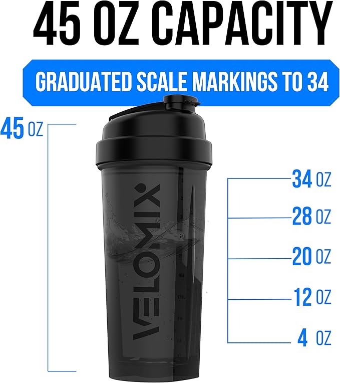 VELOMIX -2 Pack- 45 oz Protein Shaker Bottles for Protein Mixes - 2x Wire Whisk | Leak Proof Shaker Cups for Protein Shakes | Protein Shaker Bottle Pack | Shakers for Protein Shakes-Black&Transparent