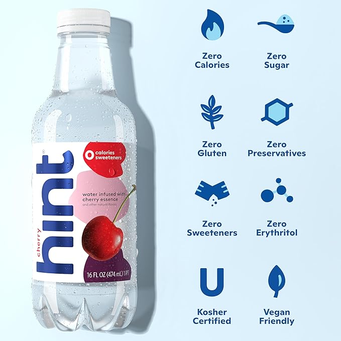 Hint Fruit-Infused Bottled Water, Cherry - Sugar Free Flavored Water with Zero Calories, Naturally Flavored, and No Artificial Sweeteners - 16 Fl Oz (Pack of 24)
