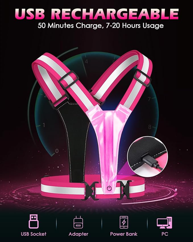 Zacro LED Reflective Vest Running Gear, 5 Lights Colors High Visibility Reflective Running Gear Rechargeable Light Up Running Vest for Walking Running Cycling, Adjustable for Men Women Kids