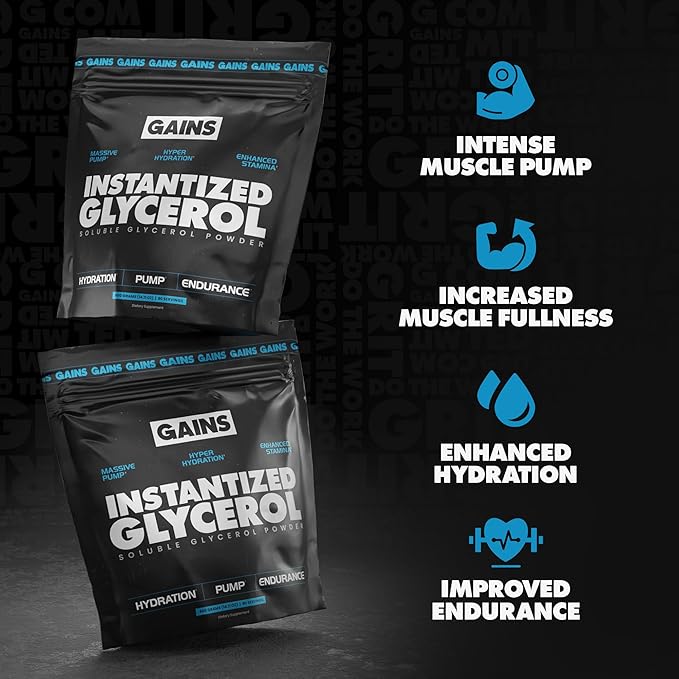 Gains in Bulk Instantized Glycerol Powder, Pre Workout Formula for Muscle Recovery, Pump and Hydration Support, Workout Supplement for Men and Women, Sugar Free, Non-Clumping, Unflavored, 80 Servings