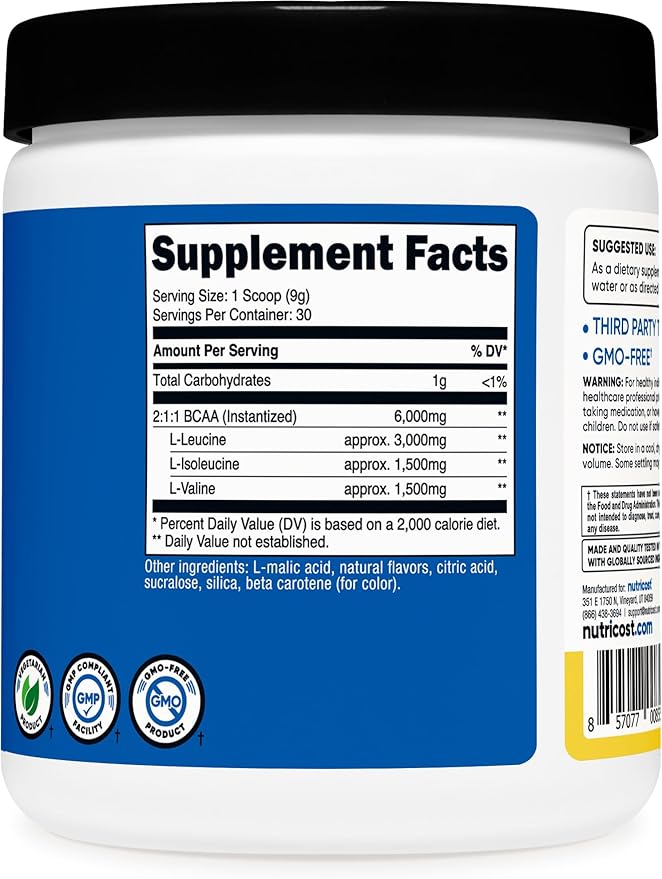 Nutricost BCAA Powder (Pineapple, 30 Servings) - Optimal 2:1:1 Ratio