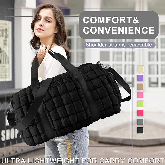 Quilted Travel Duffle Bag Gym Bag for Women,Large Puffer Duffle Weekender Bag with Compartment,Workout Overnight Carry on Organizer Bag Duffle Bag for Airplane Travel(Black)