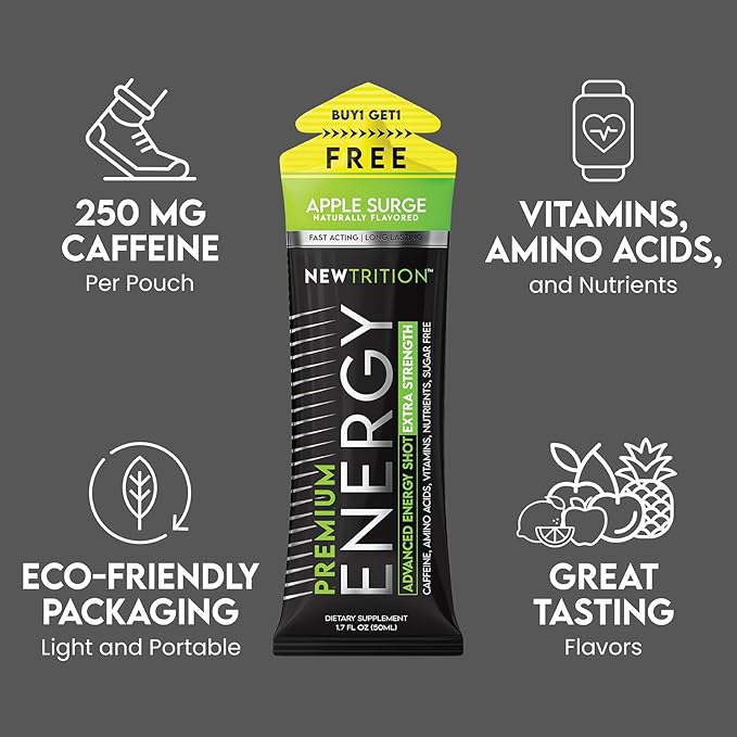 NewTrition® Extra Strength Energy Shots, 250mg Caffeine Energy Shots with Vitamin B & Amino Acids, Sugar-Free Vitamin Energy Shot, 1.7 fl oz (Pack of 24, 4 Flavors - Mixed 2)