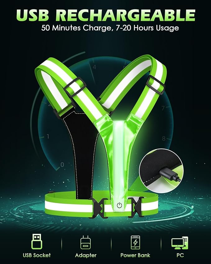 Zacro LED Reflective Vest Running Gear, 5 Lights Colors High Visibility Reflective Running Gear Rechargeable Light Up Running Vest for Walking Running Cycling, Adjustable for Men Women Kids