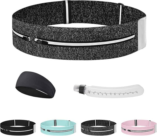 Running Belt with Water Bottle & Headband, No-Bounce Hydration Belt Adjustable Reflective Waterproof Fanny Pack for Women & Men, Fits All Phones (L-Gray)