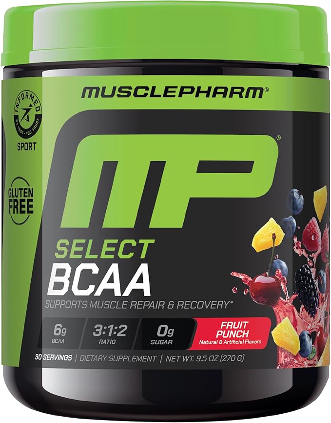 MusclePharm Essentials BCAA Powder, Pre & Post Workout Recovery Drink, Supports Muscle Recovery & Energy, Essential Amino Acids, 30 Serv, Fruit Punch