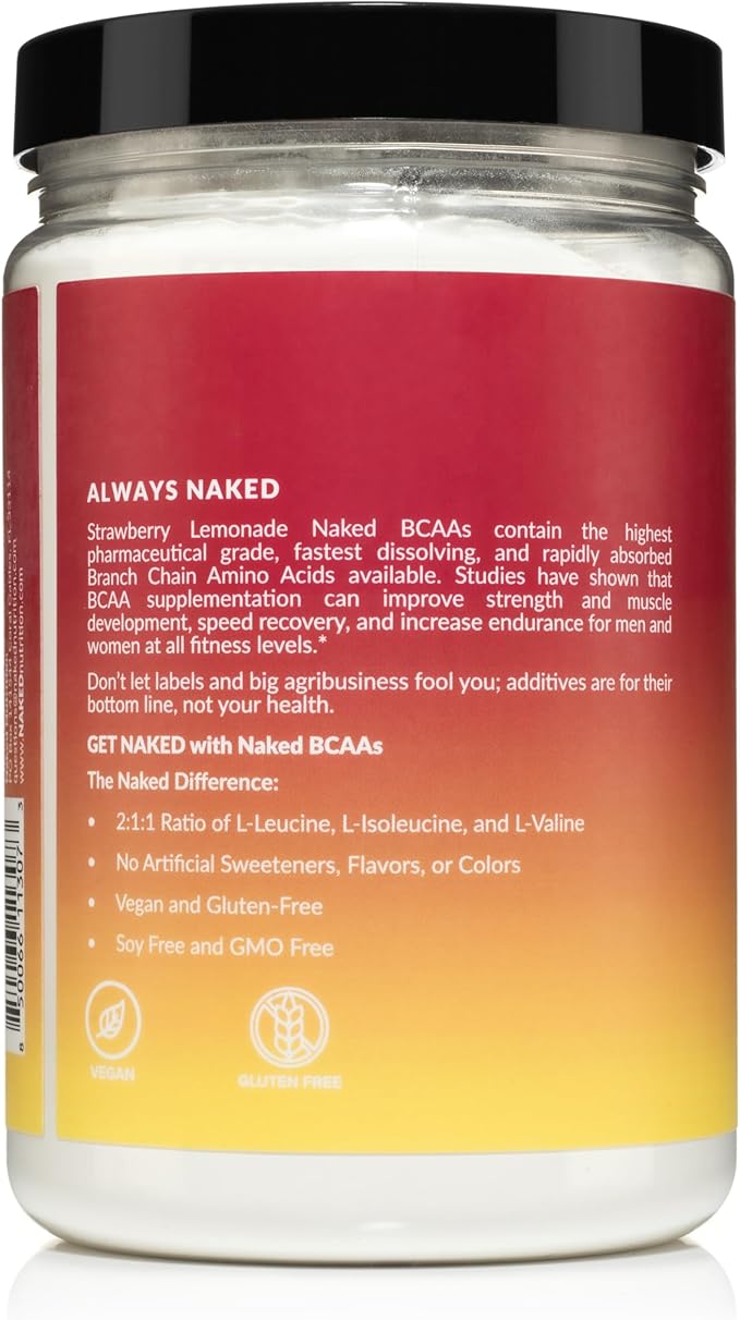 NAKED Strawberry Lemonade BCAAs Amino Acids Powder, 100% Pure 2:1:1 Formula, Vegan Branched Chain Amino Acids, Instantized All Natural BCAA Powder Supplement - 501 Grams, 34 Servings