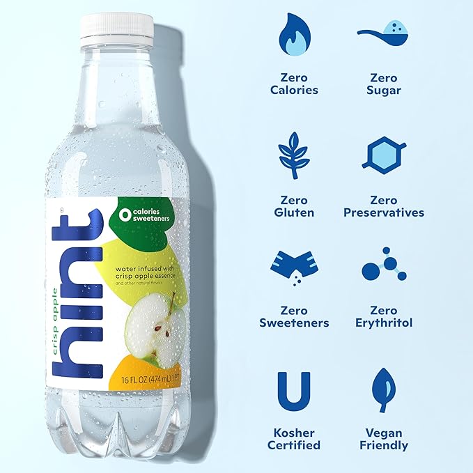 Hint Fruit-Infused Bottled Water, Crisp Apple - Sugar Free Flavored Water with Zero Calories, Naturally Flavored, and No Artificial Sweeteners - 16 Fl Oz (Pack of 24)
