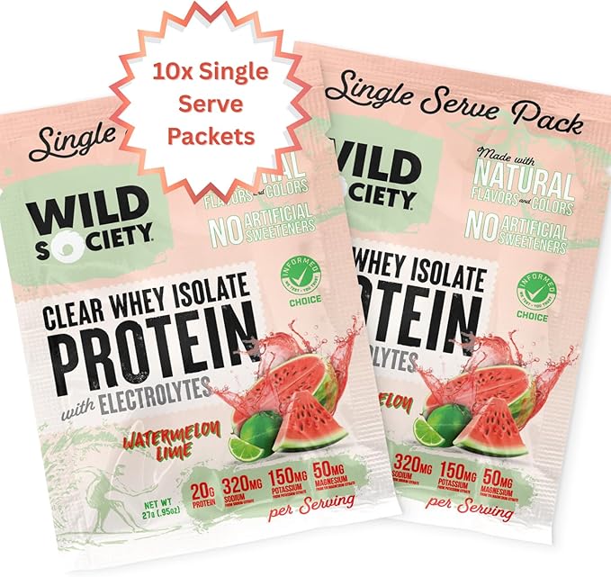 WILD SOCIETY - Clear Whey Protein + Electrolytes - Refreshing Whey Protein Isolate Powder - 20g Protein, 0 Sugar, No GMO - Travel Pack - 10x Singe Serves - Watermelon Lime