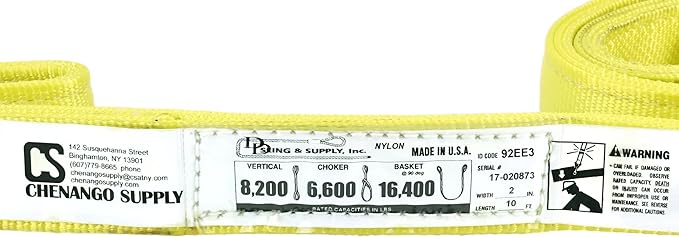 3 Ply Slings. Many Lengths in Listing! (USA Made), 2" x10' Nylon Lifting Web Sling. 8,200 lbs Vertical, 6,600 Choker, 16,400 Basket, High Capacity Eye & Eye (2" x10')