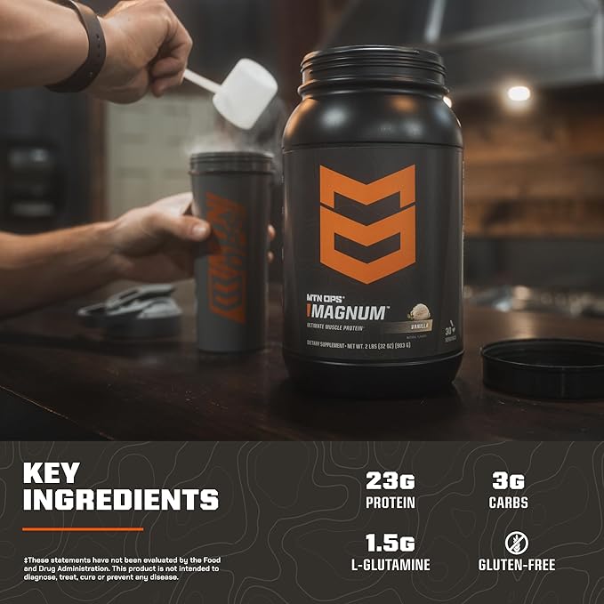 MTN OPS Magnum Vanilla Protein Powder, 23g of Whey Isolate Protein & Milk Protein with BCAAs, Zero Sugar & Gluten Free, Vanilla Milkshake, 30-Serving Tub