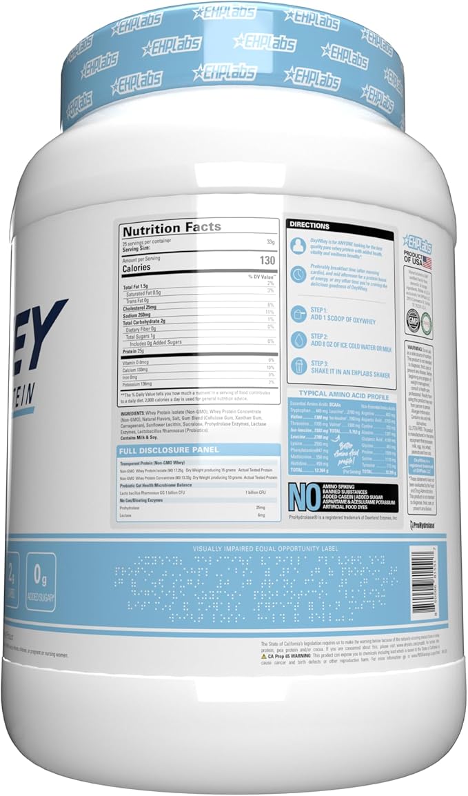 EHP Labs OxyWhey Whey Protein Isolate – 25g High Protein, Low Carb, Sugar Free Meal Replacement – Lean Whey Powder for Muscle Recovery – Non-GMO, Gluten Free – 25 Serves – Vanilla Ice Cream