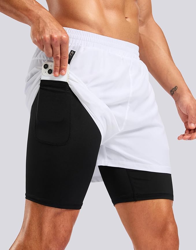 Pudolla Men's 7" Running Shorts with Zipper Pockets Quick Dry 2 in 1 Workout Gym Shorts with Liner for Tennis Yoga Training
