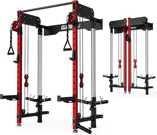 WM3-V4 Folding Squat Rack, Wall Mounted Power Rack with Dual Independent Pulley System, Functional Trainer with 5 Adjustable Function Modes for Space Saving