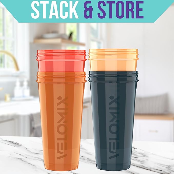 VELOMIX -4 PACK- 28 oz Protein Shaker Bottle for Protein Mixes - 4x Wire Whisk | Leak Proof Shaker Cups for Protein Shakes | Protein Shaker Bottle Pack | Protein Shake Cup (Amber Drift)