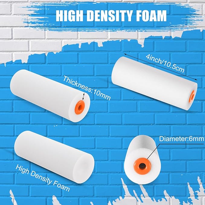 100 Pcs 4 Inch Foam Paint Roller with 2 Handles, Mini High Density Foam Roller Refills Paint Edger Tool for Walls Brings Smooth Finishes Flat Surfaces (White)
