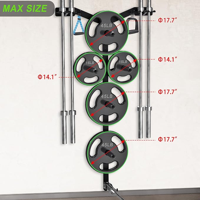 Wall Mounted Weight Plate Rack, Heavy Duty Olympic Barbell Holder & T Bar Row Landmine Attachment, 5 Pegs & 4 Barbell Storage, Space-Saving Home Gym Organizer