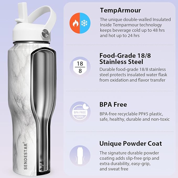 SENDESTAR 32oz Water Bottle Wide Mouth Stainless Steel Vacuum Insulated Double Wall with Straw Lids Fit in Any Car Cup Holder,Marbling