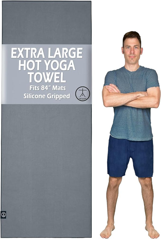 Tatago Hot Yoga Mat Towel Non Slip for Hot Yoga (72-84 inch Mats) Our Hot Yoga Towel Non Slip Silicone Dabs & Absorbent Microfiber Blend Gives You More Grip As You Drip! (Nube Gris, XL - 84")