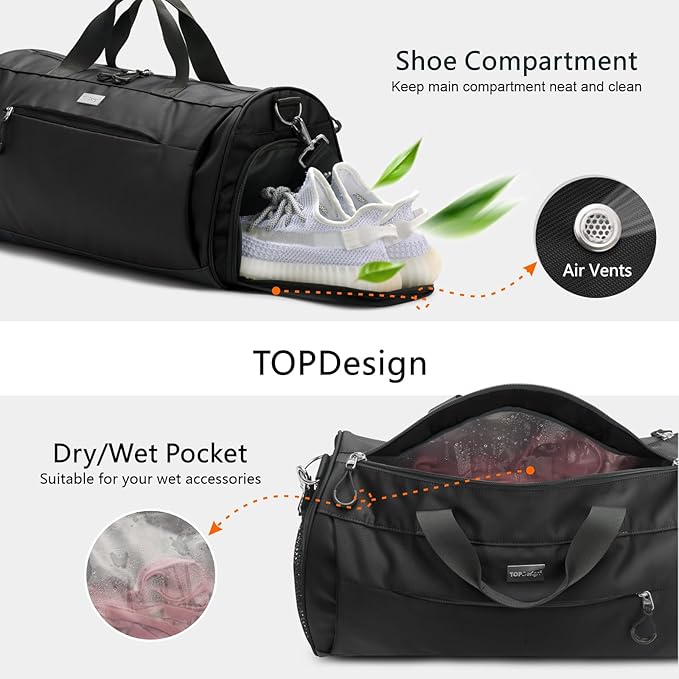 TOPDesign Gym Bag for Women & Men, Unisex Duffel Bag with Shoe Compartment & Wet Pocket for Travel Sports Gym (M Black)