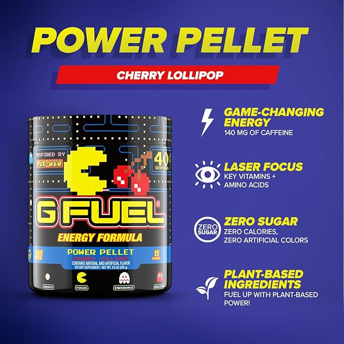 G Fuel Pac-Man Energy Drink Powder, Pre Workout Caffeine Mix for Gaming, Sugar Free Focus Amino, Vitamin + Antioxidants, 9.8oz (Cherry Lollipop, 40 Servings)