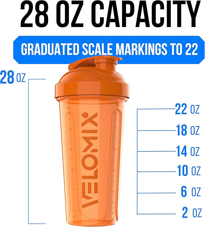 VELOMIX -2 Pack- 28 oz Protein Shaker Bottles for Protein Mixes - 2x Wire Whisk | Leak Proof Shaker Cups for Protein Shakes | Protein Shaker Bottle Pack | Shakers for Protein Shakes-Green&Orange