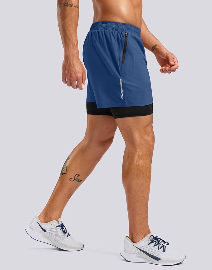 Pudolla Men's 7" Running Shorts with Zipper Pockets Quick Dry 2 in 1 Workout Gym Shorts with Liner for Tennis Yoga Training