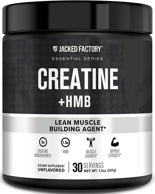 Jacked Factory Creatine HMB Powder Supplement with Creatine Monohydrate & HMB for Men & Women for Muscle Growth, Increased Strength, Enhanced Energy - 30 Servings, Unflavored