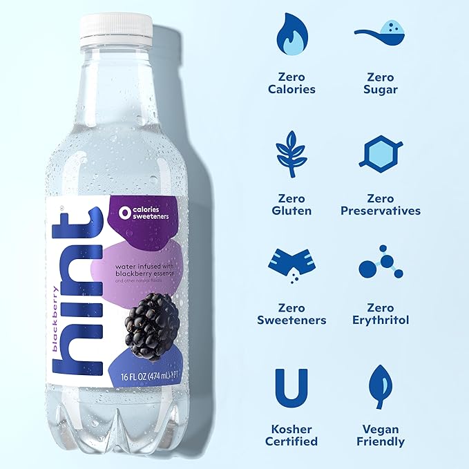 Hint Water Blackberry, Pure Water Infused with Blackberry, Zero Sugar, Zero Calories, Zero Sweeteners, Zero Preservatives, Zero Artificial Flavors, 16 Fl Oz (Pack of 24)