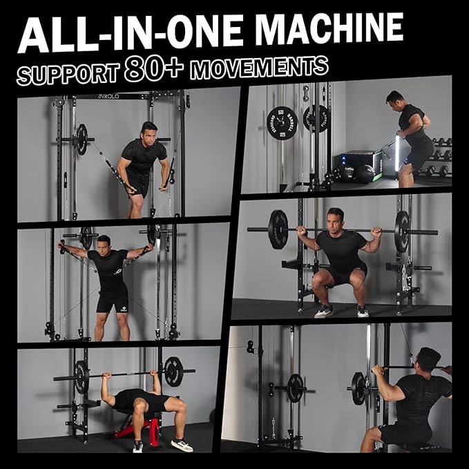 Mikolo Folding Squat Rack, Wall Mounted Power Rack with Cable Crossover Machine & LAT Pull Down, Functional Trainer with 5 Adjustable Function Modes, for Home Gym and Space Saving