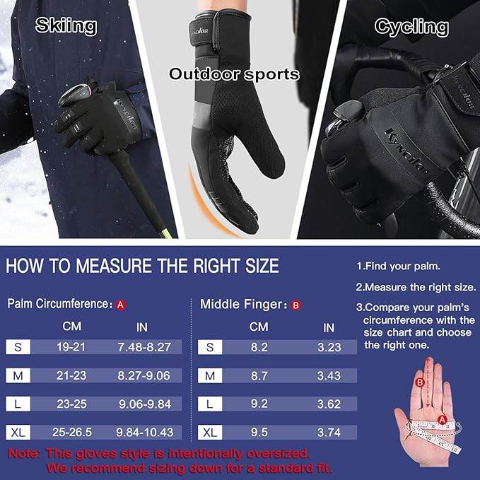 FOXLVDA 10℉ Men's Winter Gloves - Windproof Waterproof Thermal, Non-Slip Palm Grip Touchscreen Compatible with Warm Lining for Cold-Weather Cycling, Driving, Hiking, Running, Golf, Ski