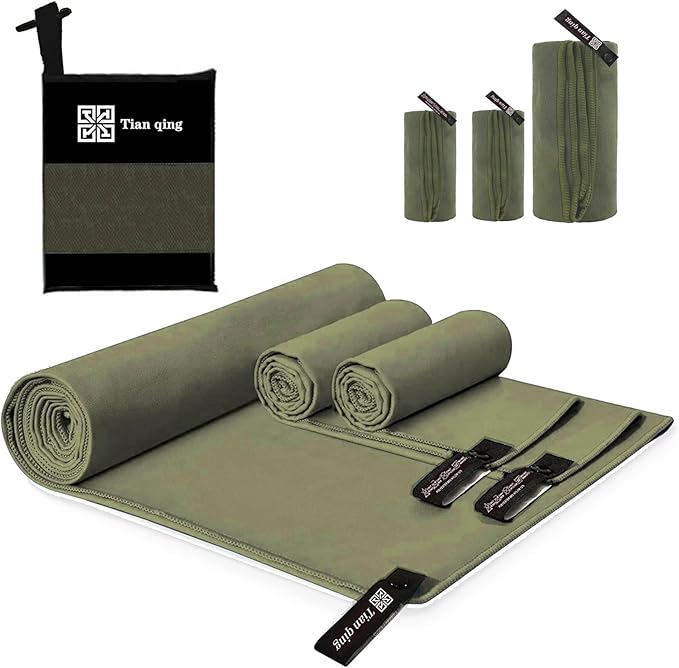 Tian qing Microfiber Towel Set, 3 Pieces, Fast Drying, Soft Touch, Lightweight, Multiple Sizes for Beach, Camping, Gym, Hiking, Pool, Yoga,Travel,Army Green