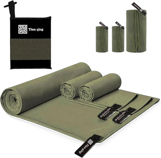Tian qing Microfiber Towel Set, 3 Pieces, Fast Drying, Soft Touch, Lightweight, Multiple Sizes for Beach, Camping, Gym, Hiking, Pool, Yoga,Travel,Army Green