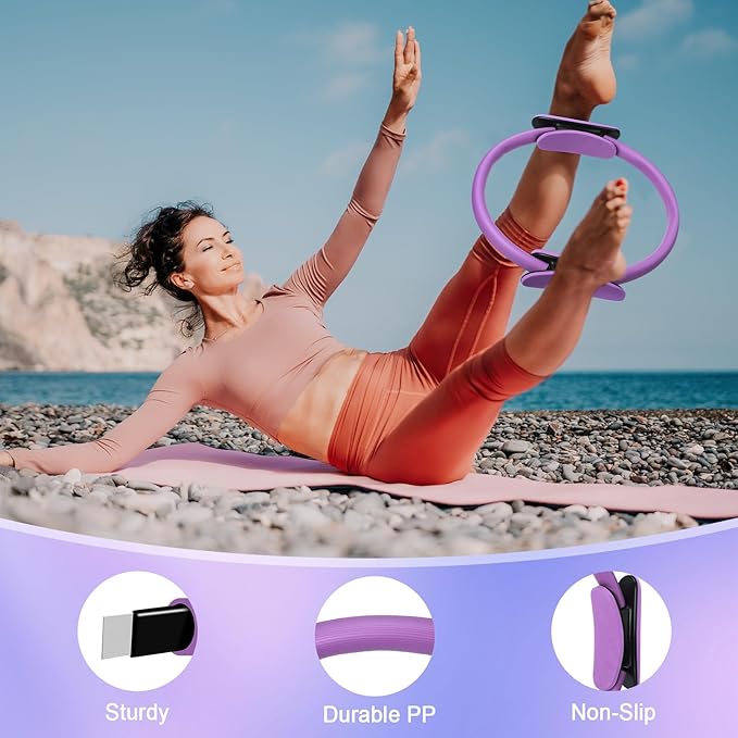 Poen 10 Pcs Home Pilates Kit for Women Include 12" Pilates Ring 10" Yoga Exercise Ball 5 Resistance Bands Dumbbells Elastic Band and Drawstring Backpack Set for Legs Arms Thighs