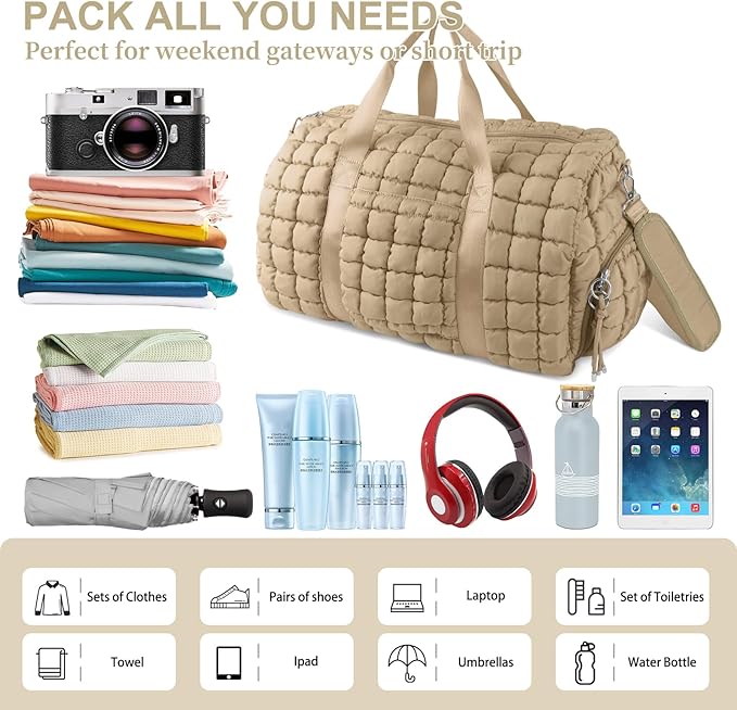 Quilted Travel Duffle Bag Gym Bag for Women,Large Puffer Duffle Weekender Bag with Compartment,Workout Overnight Carry on Organizer Bag Duffle Bag for Airplane Travel(L-Khaki)