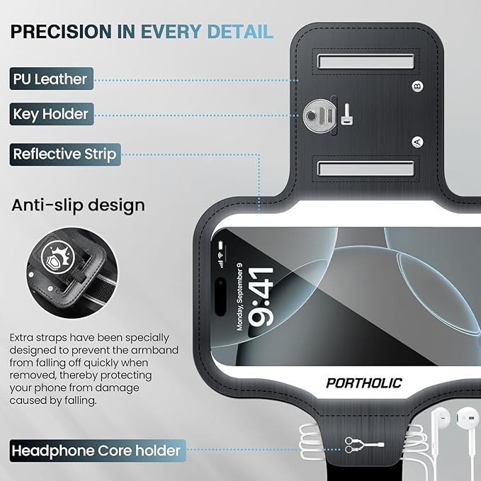 PORTHOLIC 2025 Running Armband Water Resistant Sports Phone Holder Case with Extension Strap, Key Card Slot Up to 6.9" Phone for iPhone 17/16/15/14/13 Plus Air Pro Max XR/XS, Galaxy S25/24/S10
